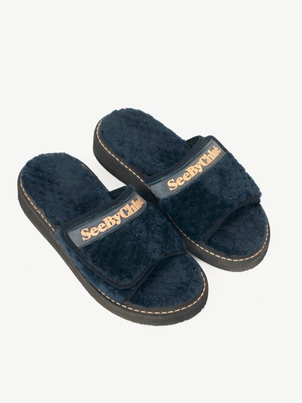 See by Chloe R17 Navy Faux-Fur Logo Slide Sandals